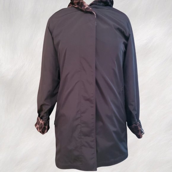 REVERSIBLE Black and Faux Fur Leopard Print Mid-Length Hooded Coat Jacket Size S - Picture 3 of 12